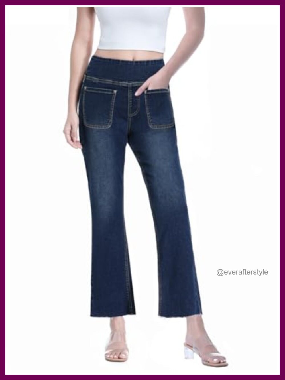 Women Cropped Pull On Jeans High Waisted Stretchy Flared Bootcut Denim